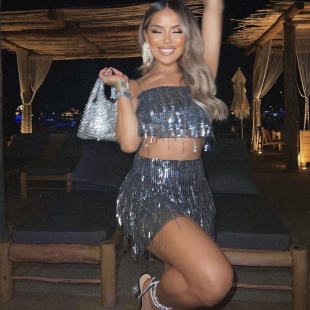 Zara 2 Piece Set Sequin Cropped Top and Skirt Silver Large